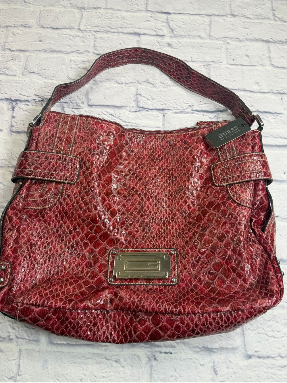 NWT GUESS Red Snake-Embossed Hobo Bag